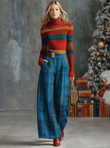 Vintage Fashion Versatile Blue Plaid Wide-leg Pants