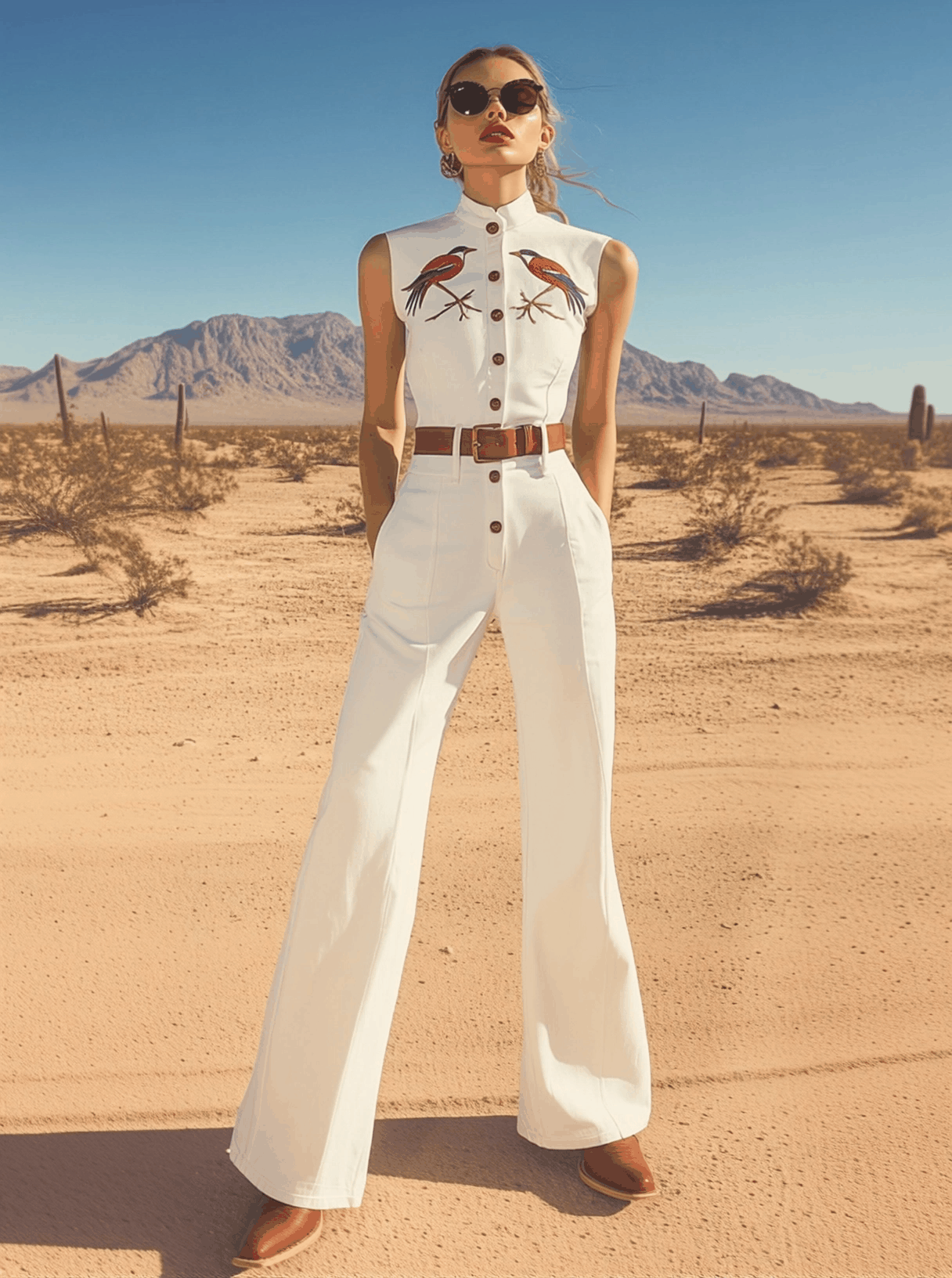 【24-hour shipping out】Retro Western Style Embroidered Stand Collar Sleeveless Wide Leg Jumpsuit