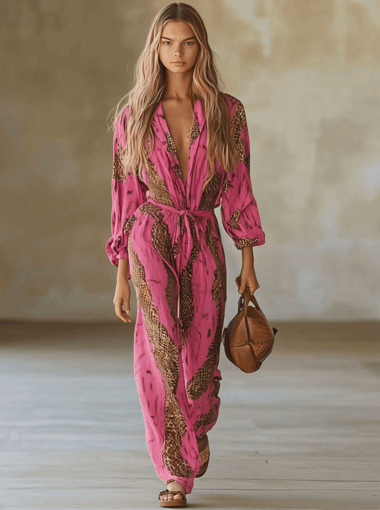 Casual Loose Rose Red Chiffon Leopard Print Long-Sleeved Jumpsuit
