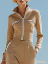 Color-blocked Pocket Stand-up Collar Zip-up Top And Wide-leg Pants Tracksuit