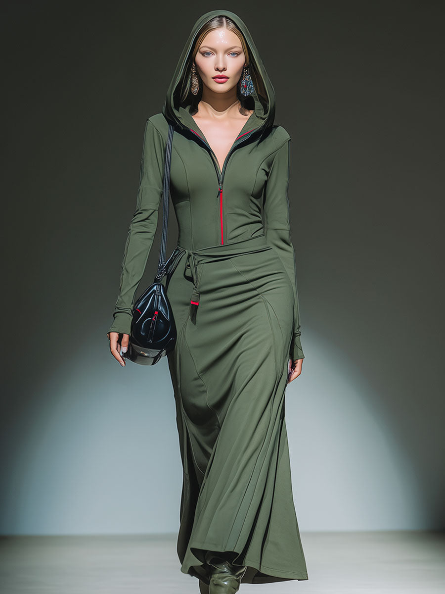 Casual Sporty Green Hooded Half-zip Maxi Dress