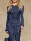 Elegant Round Neck Side-slit Denim Long-sleeved Midi Dress