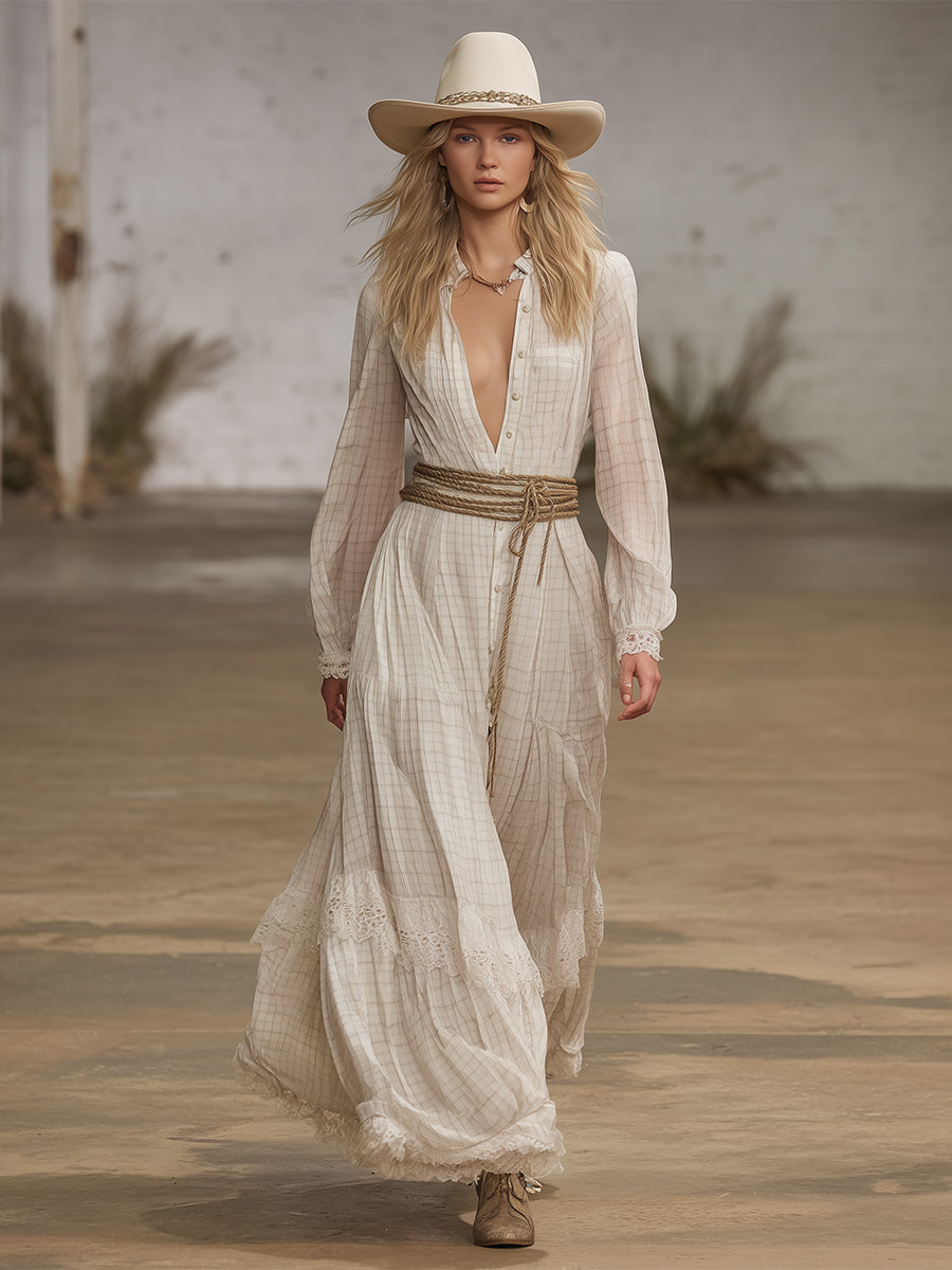 Vintage Bohemian Style Off-white Checkered Print Chiffon Maxi Dress