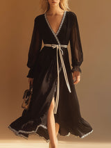 Vintage Lace-Trimmed Black Chiffon V-Neck Midi Dress