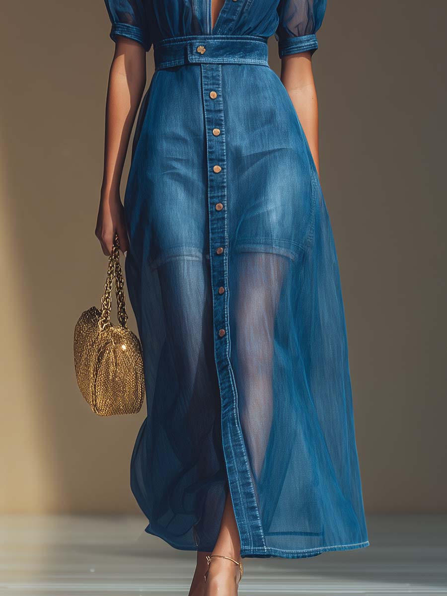 Exquisite Fashionable Front Button V-neck Short-sleeved Outer Cover Organza Blue Denim Maxi Dress