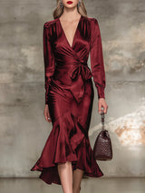 Elegant Angora Red V-neck Midi Dress With Bow Tie Detail