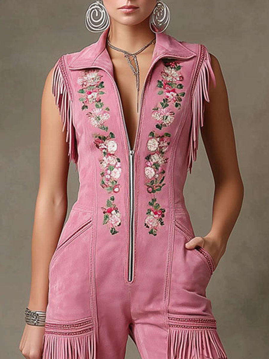 Western-style Retro Floral Embroidered Pink Faux Suede Sleeveless Tassel Jumpsuit
