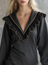 Retro Sporty V-neck Ruffle Mini Sweatshirt Dress