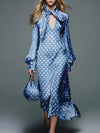 Elegant Retro Tie-up V-neck Lantern Sleeves White Polka Dot Print Blue Satin Midi Dress