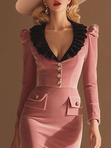 High-end And Elegant Brown Lapel Pink Velvet Midi Dress