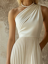 【24-hour shipping out】Elegant High-end Evening Gown White Pleated Sleeveless Midi Dress