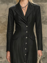 Elegant Black Cotton And Linen With A Lapel Collar And Button Closure Maxi Dress