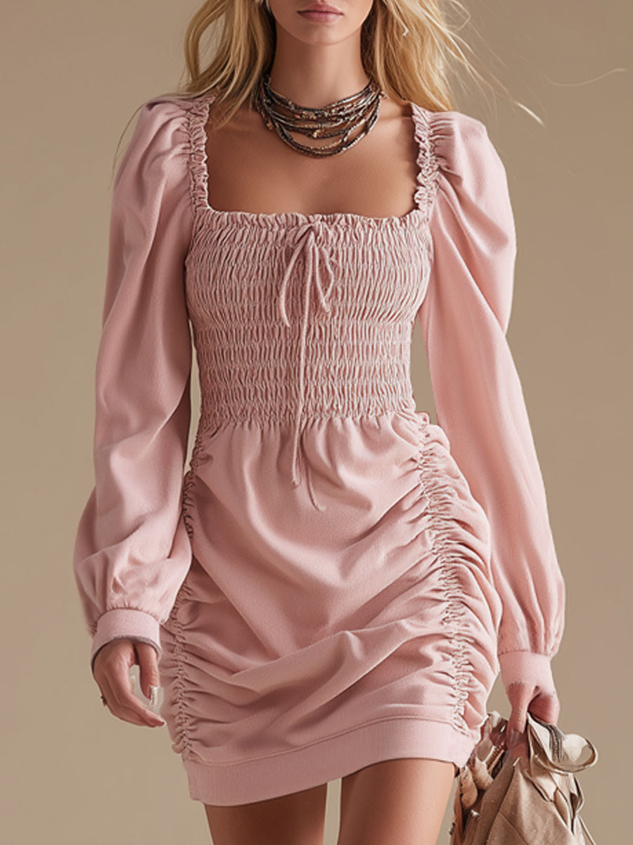 Square-neck Shirred Long-sleeved Mini Dress