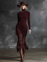 Simple And Elegant High-neck Lace Hem Burgundy Knitted Maxi Dress