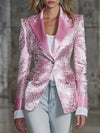 Stylish Pink SatinWith Leopard Print Collar And Solid Color Design Blazer