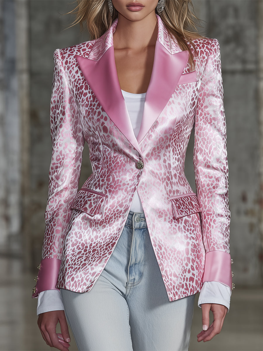 Stylish Pink SatinWith Leopard Print Collar And Solid Color Design Blazer