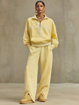 Casual Retro Pale Yellow Cotton Half-zip Sweatshirt And Split Wide-leg Pants Set