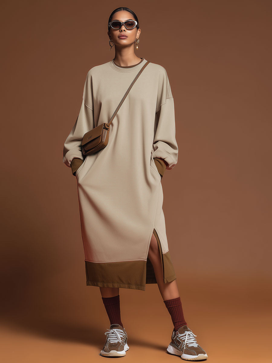 Sporty Retro Apricot Cotton Long-Sleeved Slit Midi Dress