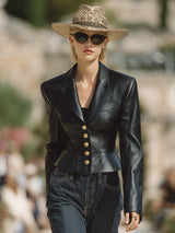 Stylish And Casual Gold Buttons Black PU Jacket