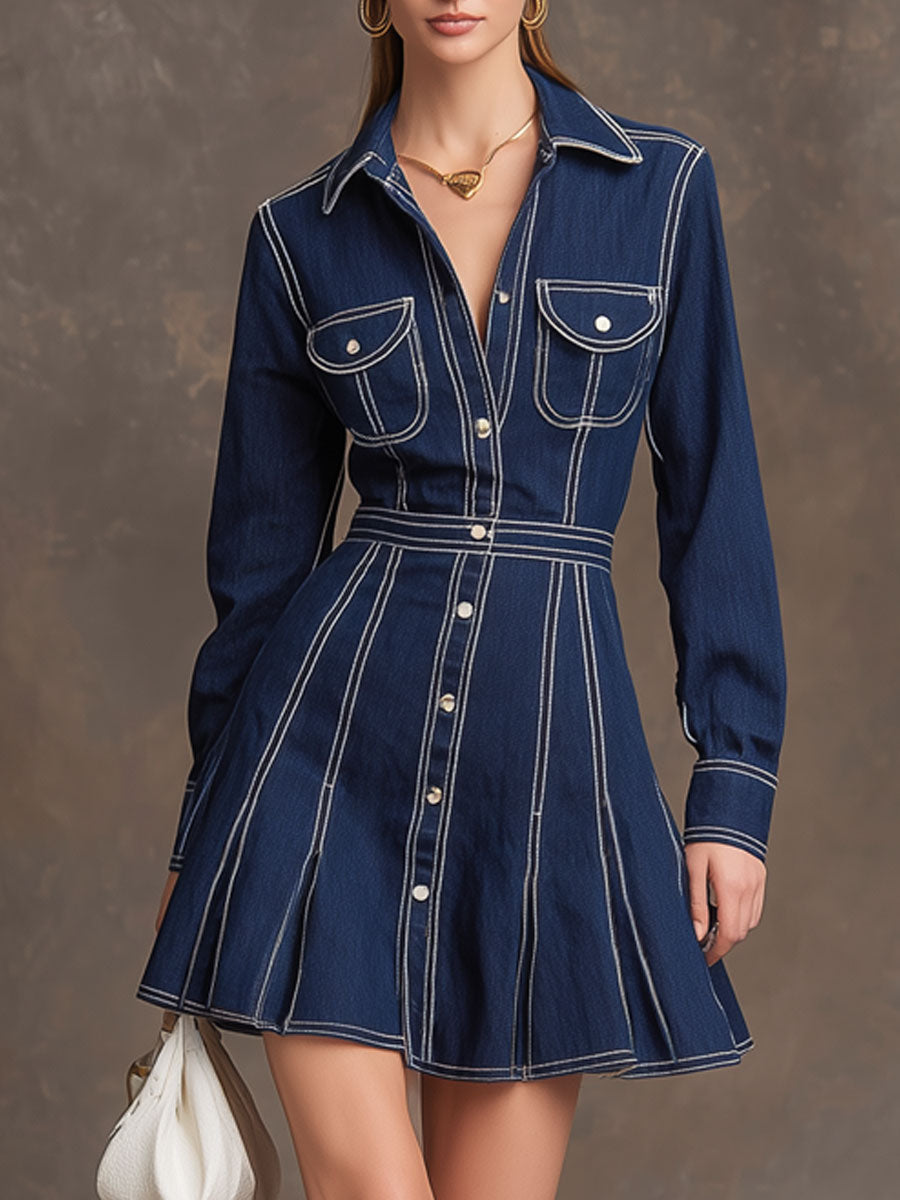 Retro Long-sleeved Dark Blue Denim A-line Mini Dress