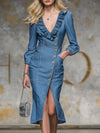 Retro V-neck Ruffled Denim Side-slit Long-sleeved Midi Dress
