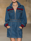 Retro Style Stand-collar Zippered Multi-pocket Denim Long-sleeved Mini Dress