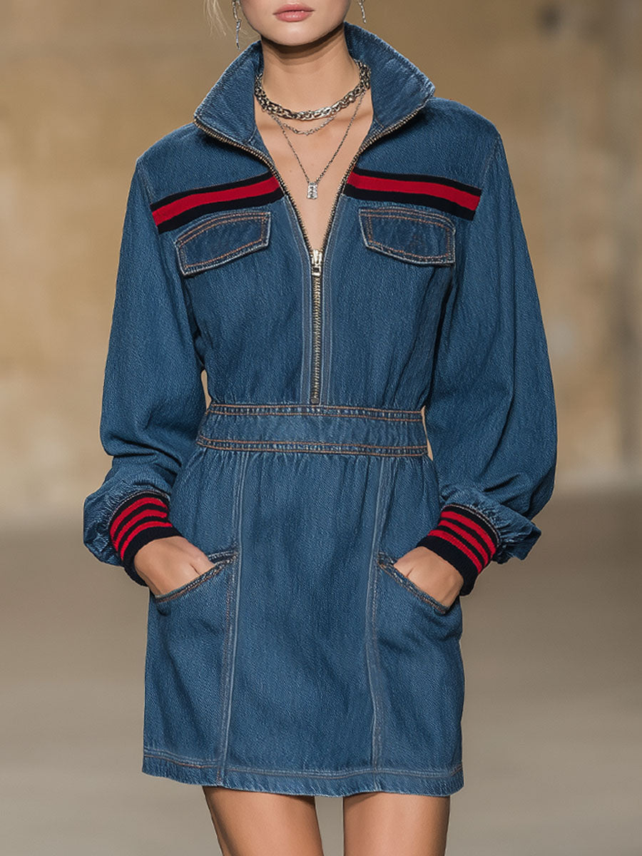 Retro Style Stand-collar Zippered Multi-pocket Denim Long-sleeved Mini Dress