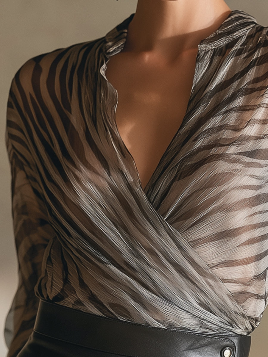 Stylish Flowing Zebra Print Chiffon Long Sleeve Shirt