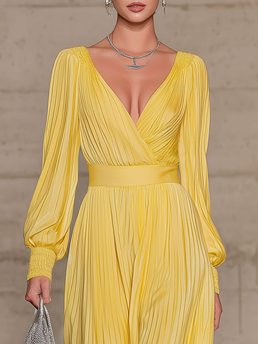 Yellow Pleated Chiffon V-neck Long-sleeved Jumpsuit