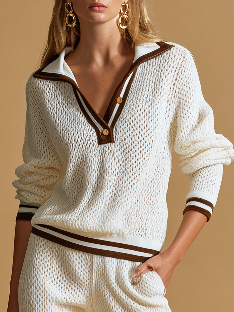 Elegant And Stylish Color-blocked Trim Polo Neck Knitted Top And Trousers Set.
