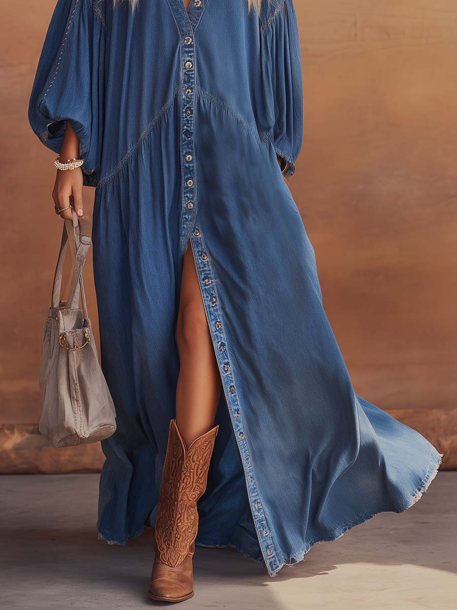 Vintage Oversized V-Neck Denim Maxi Dress