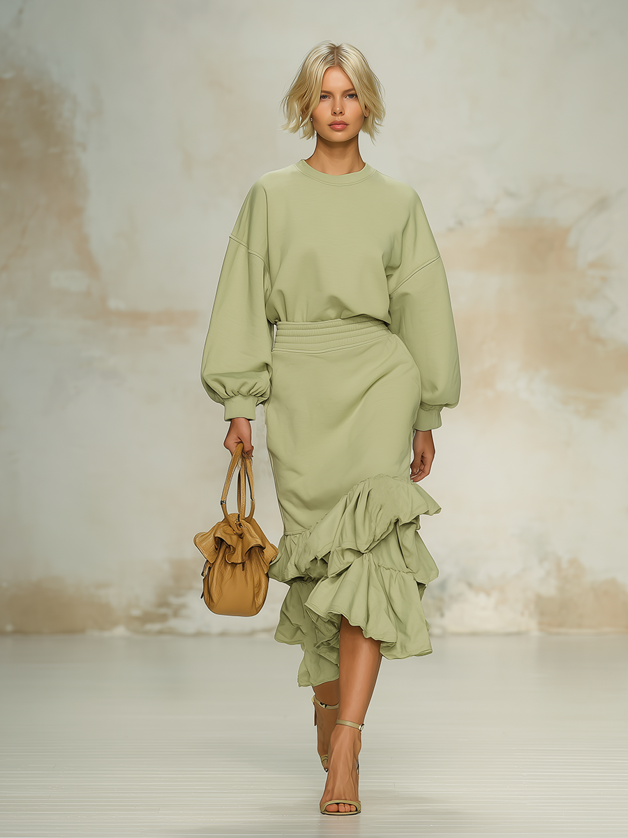 Comfortable And Casual Round-neck Long-sleeved Top And Ruffled Skirt Set