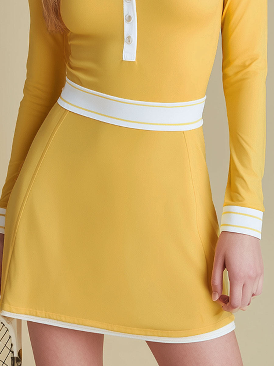 Polo Collar Color-block Ribbed Sporty Long-sleeved Mini Dress