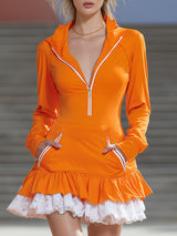 Active Sporty White Lace Ruffled Orange Hooded Mini Dress