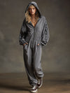 Sporty Retro Letter Webbing Dark Gray Pure Cotton Long-Sleeved Hooded Jumpsuit
