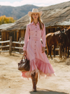 Western Pink Denim Maxi Dress with Tulle Hem