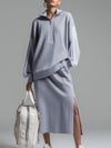 Sporty Retro Webbing Blue-grey Knit Half-zip Sweatshirt And Slit Skirt Set