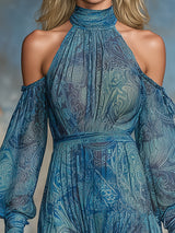 Elegant Blue Paisley Print Off-the-shoulder Maxi Dress