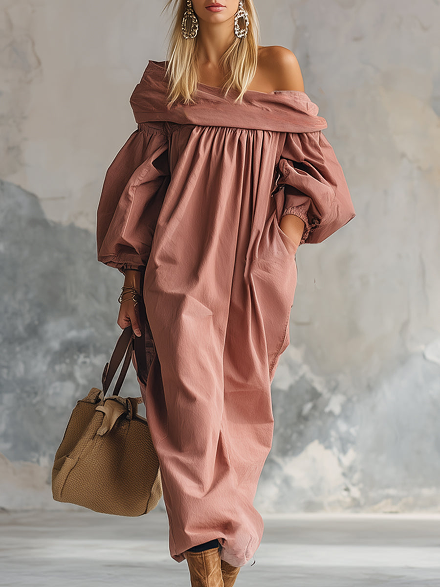 Artistic Silhouette Off-the-shoulder Dusty Pink Maxi Dress