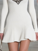 Stylish White Knitted V-neck With Black Lace Trim Mini Dress