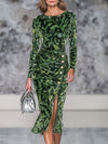 Retro Leaf Print Velvet Round Neck Side Slit Long Sleeve Midi Dress