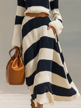 Fashionable And Elegant High Collar Navy Blue And White Contrast Striped Knitted Long Sleeve Maxi Dress