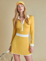 Polo Collar Color-block Ribbed Sporty Long-sleeved Mini Dress