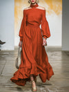 Western-style Rust-red Linen Off-the-shoulder With A Collared Neckline Maxi Dress