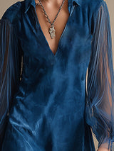 Elegant Silhouette Blue Faux Suede Tassel Tulle Long-sleeved Midi Dress