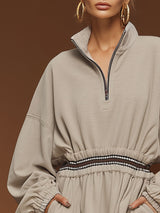 Sporty Retro Light Gray Half-zip Ruffle Long-sleeved Mini Dress