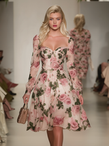 Vintage And Elegant Heart-shaped Neckline A-line Printed Chiffon Midi Dress