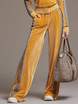 Casual Sporty Retro Leopard Print Trim Yellow Velvet Sweatshirt Wide-Leg Pants Set