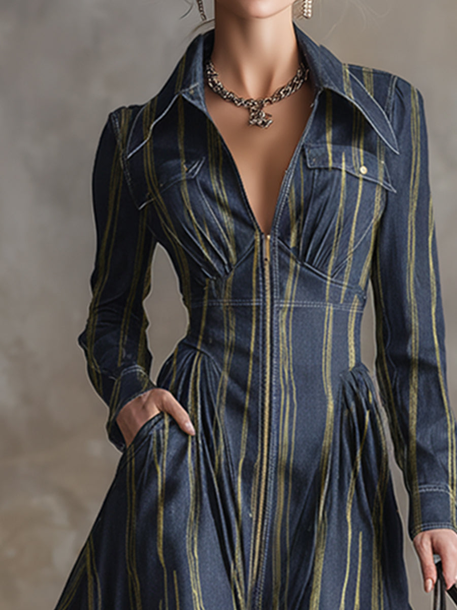 Elegant Urban Deep Blue Tencel Denim Striped Gold-stamped Maxi Dress