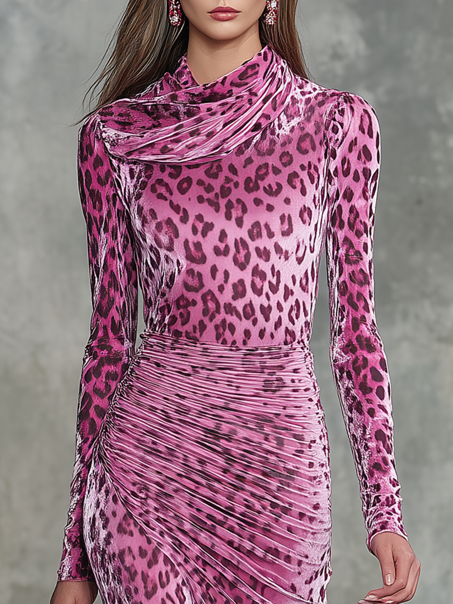 Retro Elegant Leopard Print Velvet Midi Dress